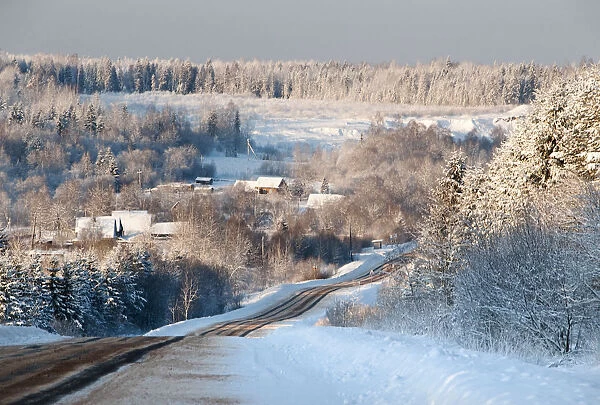 Road in winter Leningrad region, Russia