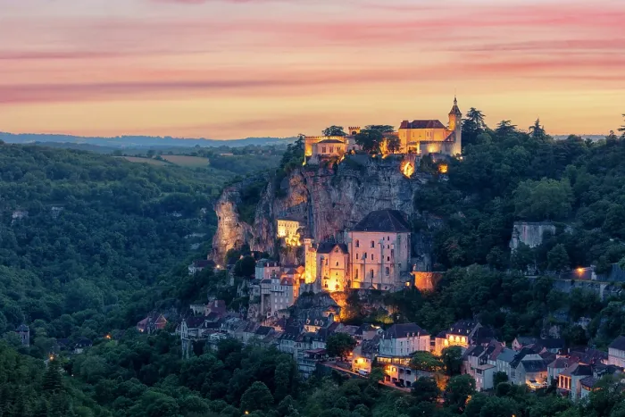 Framed Print : Rocamadour illuminated at sunset, Lot, Occitanie, France Framed Print : Rocamadour illuminated at sunset, Lot, Occitanie, France