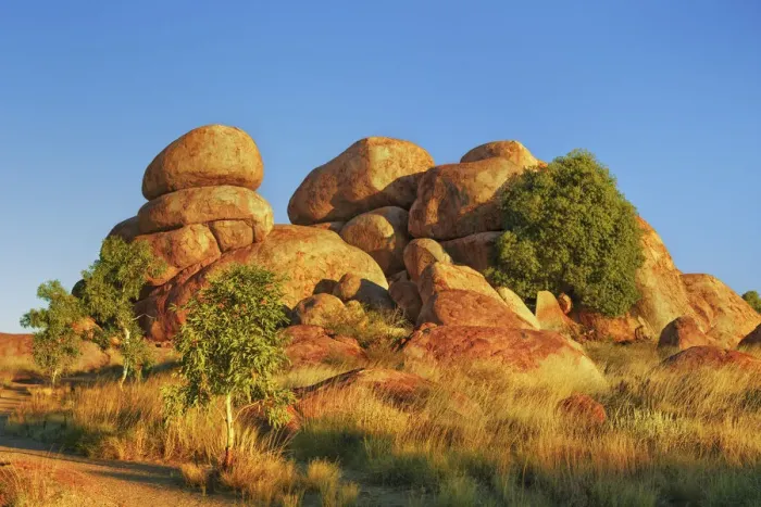 Framed Print : Rock formation at Devils Marbles with eucalyptus tree - Australia, Northern Territory Framed Print : Rock formation at Devils Marbles with eucalyptus tree - Australia, Northern Territory