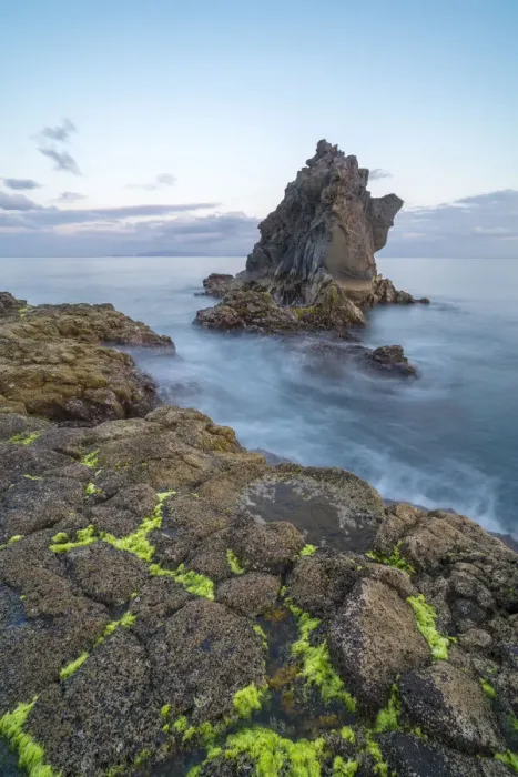 Framed Print : Rock formations at dusk. Santa Cruz, Madeira Island, Portugal