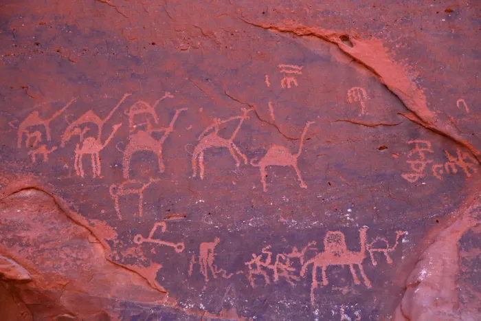 Framed Print : Rock Paintings, Wadi Rum, Jordan, Middle East