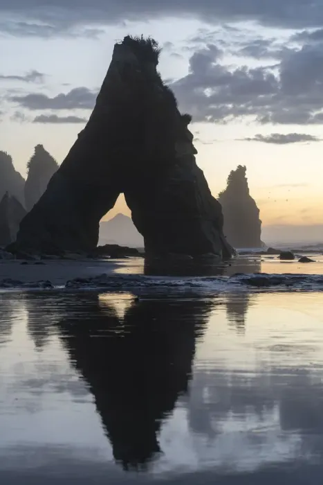 Framed Print : Rock reflect with low tide at the Three Sisters beach, at sunset, with Mt Taranaki Framed Print : Rock reflect with low tide at the Three Sisters beach, at sunset, with Mt Taranaki