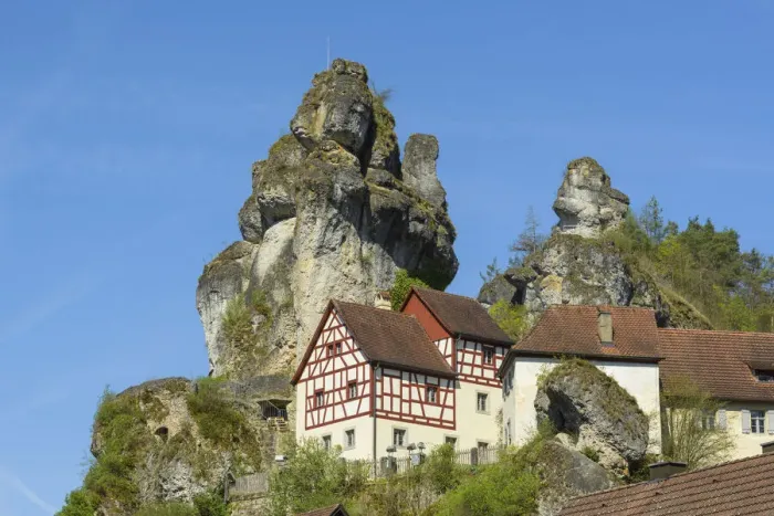Framed Print : Rocks and half-timbered houses, TAochersfeld, Franconian Switzerland, Bavaria Framed Print : Rocks and half-timbered houses, TAochersfeld, Franconian Switzerland, Bavaria