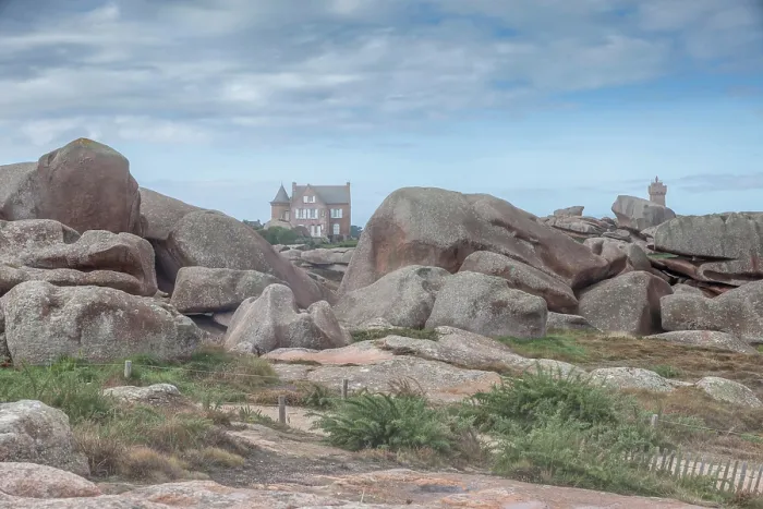 Framed Print : Rocky landscape with manor house at the Phare de Ploumanac'h, Cote de Granit Rose, Cotes-d'Armor, Brittany, France Framed Print : Rocky landscape with manor house at the Phare de Ploumanac'h, Cote de Granit Rose, Cotes-d'Armor, Brittany, France