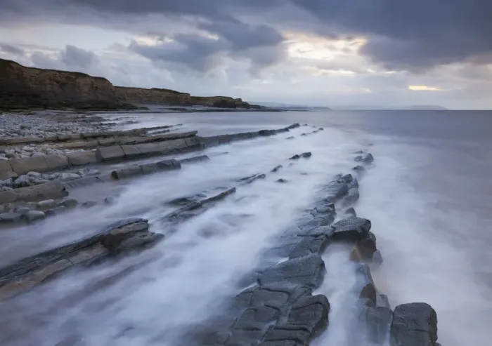 Framed Print : Rocky ledges at Kilve Beach, Somerset, England. Summer Framed Print : Rocky ledges at Kilve Beach, Somerset, England. Summer