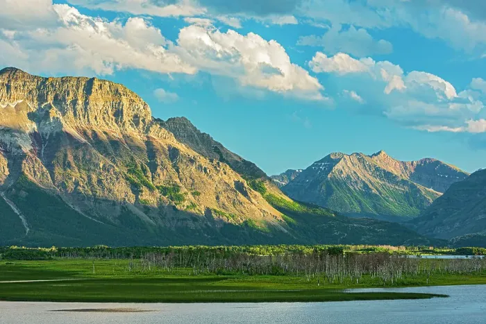 Framed Print : Rocky Mountains at sunset. Vimy Peak at left. Maskinonge Lake. Waterton Lakes National Park, Alberta, Canada
