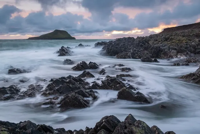 Framed Print : Rocky seashore near Worm's Head at sunset, Gower Peninsula, Wales. Autumn (November) 2021 Framed Print : Rocky seashore near Worm's Head at sunset, Gower Peninsula, Wales. Autumn (November) 2021