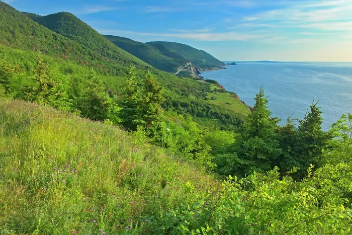 Framed Print : Rocky shoreline along the Cabot Strait (Atlantic Ocean). Cabot Trail. Cape Breton Island. Appalachain Mountains chain. Cape Breton Highlands National Park, Nova Scotia, Canada