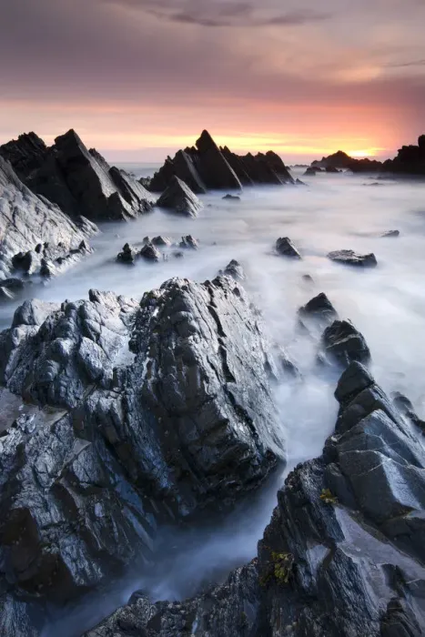 Framed Print : Rocky shores at Hartland Quay at sunset, North Devon, England. Spring (May) 2010