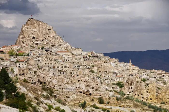 Framed Print : The rocky village of Uchisar, above the old Silk Road plains of Cappadocia. Turkey, Asia