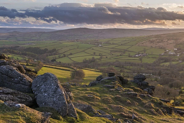 Rolling countryside near Widecombe in the Moor from Tunhill Rocks, Dartmoor, Devon