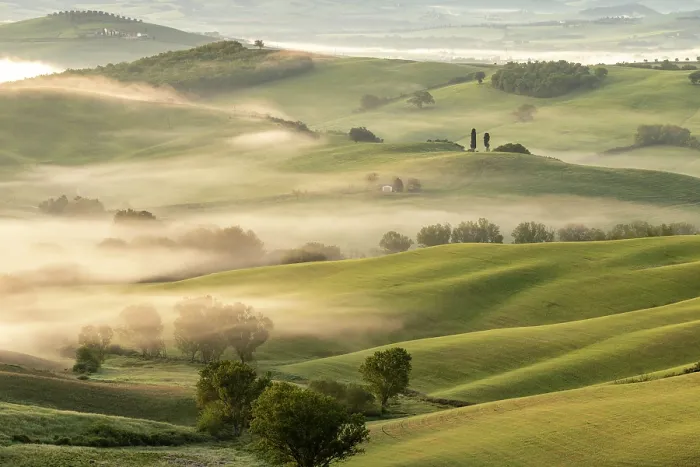 Framed Print : Rolling green landascape and morning mist, Val d'Orcia, San Quirico d'Orcia, Tuscany, Italy Framed Print : Rolling green landascape and morning mist, Val d'Orcia, San Quirico d'Orcia, Tuscany, Italy