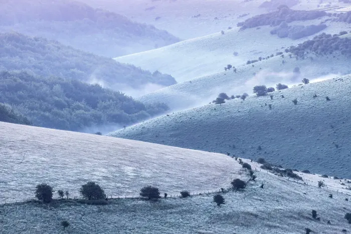 Framed Print : Rolling landscape covered in dew, Melbury Down from Melbury Hill, Cranborne Chase, Dorset, England, UK Framed Print : Rolling landscape covered in dew, Melbury Down from Melbury Hill, Cranborne Chase, Dorset, England, UK