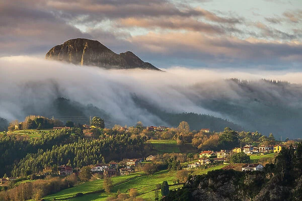 Rolling low clouds in a scenic mountain landscape, Asturias, Spain
