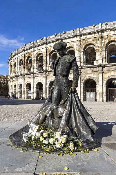 Roman ampitheatre, Toreador statue, Nimes, Gard, Languedoc-Roussillon, France