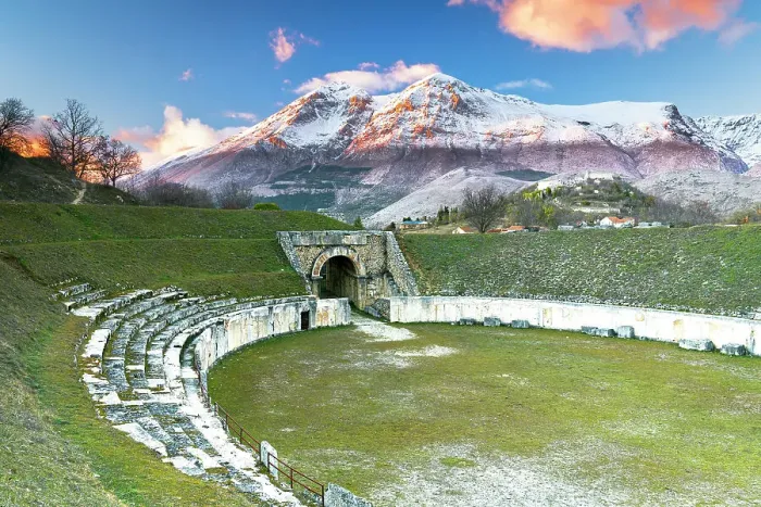 Framed Print : Roman archeological site of Alba Fucens with majestic Apennines mountain of Sirente Velino regional park, Marsica district, L‚AoAquila province, Abruzzo, Italy Framed Print : Roman archeological site of Alba Fucens with majestic Apennines mountain of Sirente Velino regional park, Marsica district, L‚AoAquila province, Abruzzo, Italy