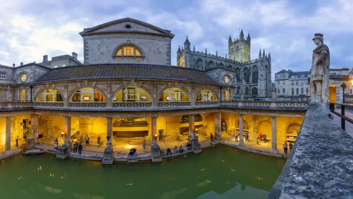 Framed Print : The Roman Baths and Bath Cathedral illuminated at dusk, Bath, Somerset, England Framed Print : The Roman Baths and Bath Cathedral illuminated at dusk, Bath, Somerset, England