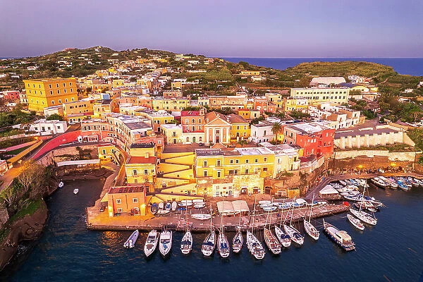 Roman harbour of Ventotene and the colourful houses on the marina at dawn, Ventotene Islands, Pontine Islands Archipelago, Tyrrhenian Sea, Latina province, Latium, Italy