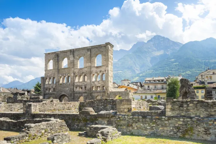 Framed Print : Roman theatre, Aosta, Vallee d Aoste, Italian alps, Italy