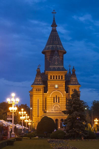 Romania, Banat Region, Timisoara, Metropolitan Cathedral, exterior, dusk