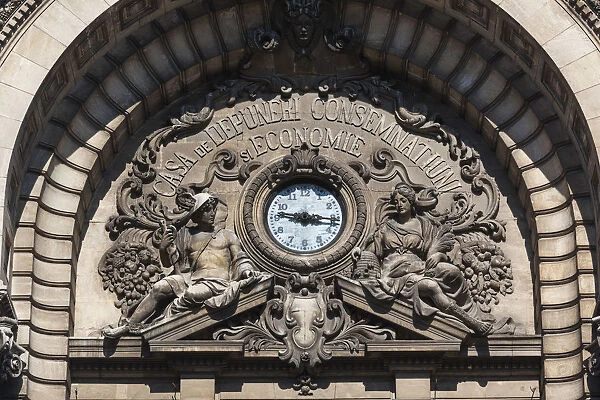 Romania, Bucharest, Lipscani Old Town, CEC Bank Palace Building, exterior, clock detail