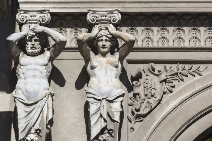 Framed Print : Romania, Bucharest, Lipscani Old Town, building detail, statues Framed Print : Romania, Bucharest, Lipscani Old Town, building detail, statues