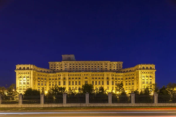 Romania, Bucharest, Palace of Parliament, worlds second-largest building, dusk
