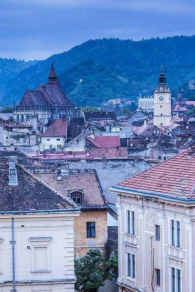 Romania, Transylvania, Brasov, elevated city view with Black Church and Town Hall tower
