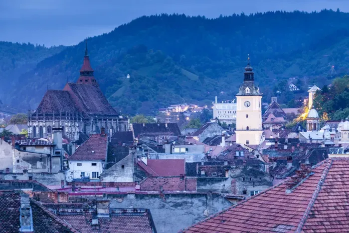 Framed Print : Romania, Transylvania, Brasov, elevated city view with Black Church and Town Hall tower Framed Print : Romania, Transylvania, Brasov, elevated city view with Black Church and Town Hall tower