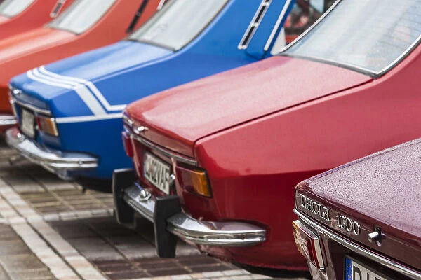 Romania, Transylvania, Brasov, Piata Sfatului Square, antique car show of 1970s-1980s-era