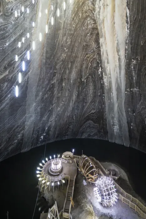 Framed Print : Romania, Transylvania, Cluj-Napoca. An aerial view of the Terezia Mine at Salina Turda