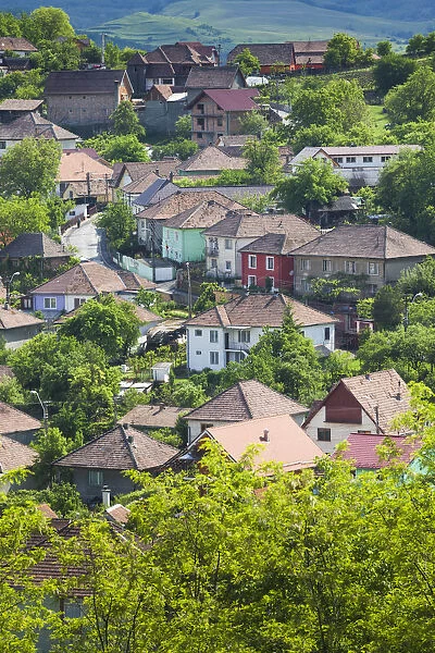 Romania, Transylvania, Medias, elevated town view