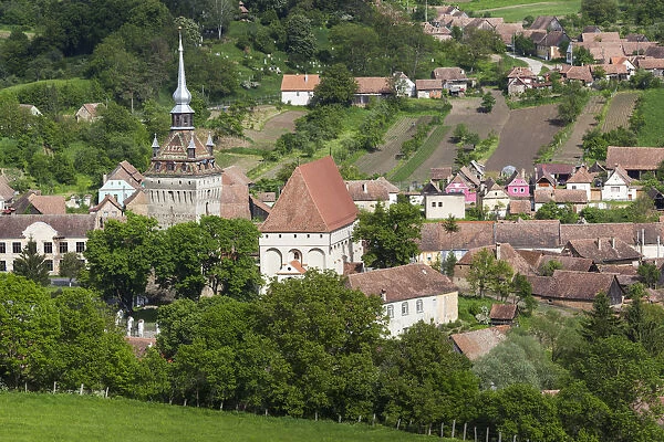 Romania, Transylvania, Saschiz, fortified Saxon Church, 15th century, elevated view