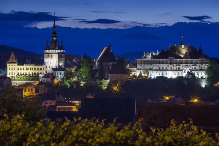 Framed Print : Romania, Transylvania, Sighisoara, elevated city view Old Town and clocktower, dusk Framed Print : Romania, Transylvania, Sighisoara, elevated city view Old Town and clocktower, dusk