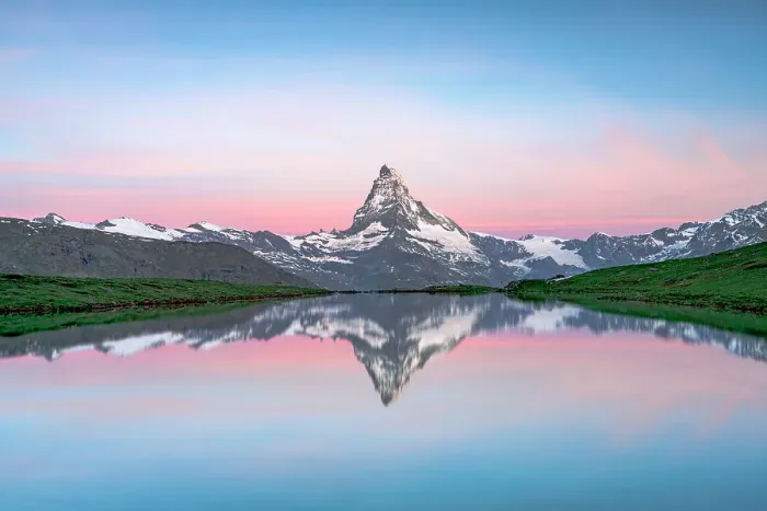 Framed Print : Romantic sky at dawn over Matterhorn mountain peak mirrored in lake Stellisee, Zermatt, Canton of Valais, Switzerland Framed Print : Romantic sky at dawn over Matterhorn mountain peak mirrored in lake Stellisee, Zermatt, Canton of Valais, Switzerland