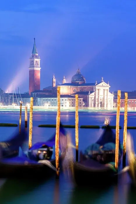 Framed Print : Romantic sky at dusk over gondolas moored with San Giorgio Maggiore Church and bell tower on background, Venice, Veneto, Italy Framed Print : Romantic sky at dusk over gondolas moored with San Giorgio Maggiore Church and bell tower on background, Venice, Veneto, Italy