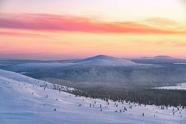 Romantic sky at sunset over a snowy frozen forest in winter mist, Pallas Yllastunturi National Park, Muonio, Lapland, Finland