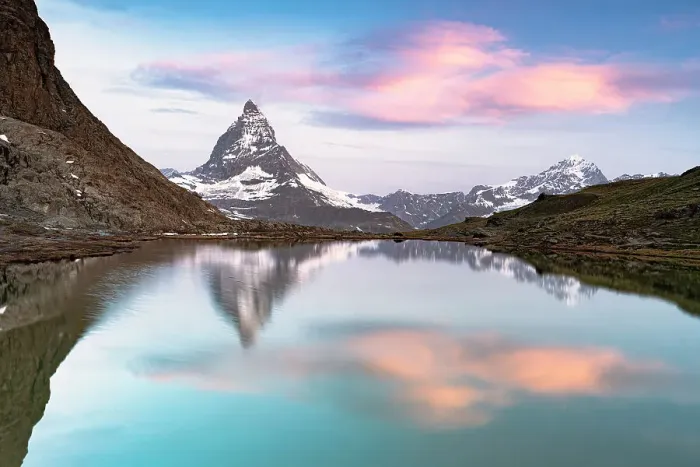 Framed Print : Romantic sunrise over Matterhorn reflected in the calm waters of Riffelsee lake, Zermatt, Canton of Valais, Switzerland Framed Print : Romantic sunrise over Matterhorn reflected in the calm waters of Riffelsee lake, Zermatt, Canton of Valais, Switzerland