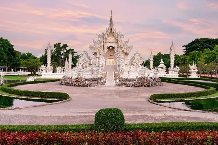 Framed Print : Romantic sunrise over Wat Rong Khun or White Temple buddhist shrine, Chiang Rai, Thailand Framed Print : Romantic sunrise over Wat Rong Khun or White Temple buddhist shrine, Chiang Rai, Thailand
