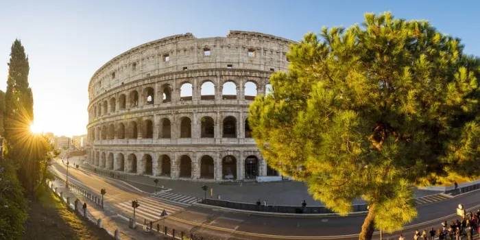 Framed Print : Rome, Lazio, Italy. High angle panoramic view over the Colosseum square at sunrise