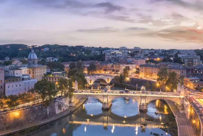 Framed Print : Rome, Lazio, Italy. High angle view of the Roman bridges over the tiber river at dusk