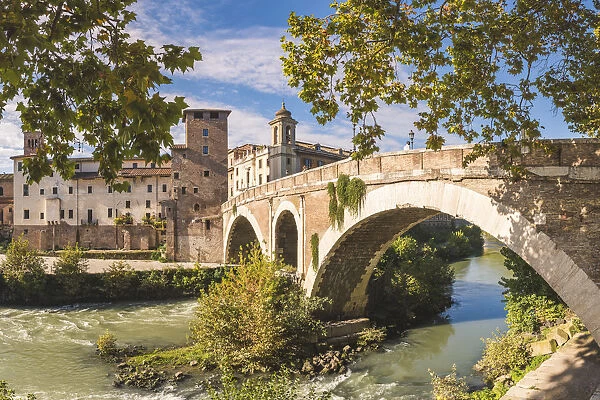 Rome, Lazio, Italy. Pons Fabricius (Fabricius bridge) leading to Tiber island, the