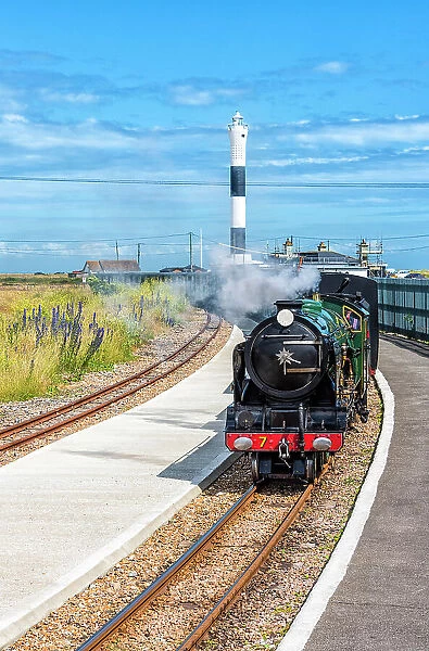 Romney, Hythe and Dymchurch Railway train arriving at the Dungeness railway station