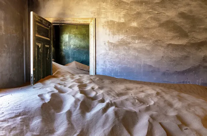 Framed Print : Rooms full of sand in abandoned diamond mining town of Kolmanskop, Luderitz, Namib Desert, Namibia