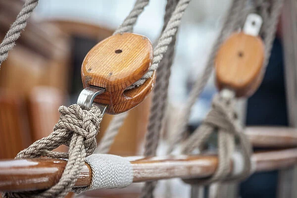 Ropes on a historic windjammer in the port of Zingst, Mecklenburg-Western Pomerania, Baltic Sea, Northern Germany, Germany