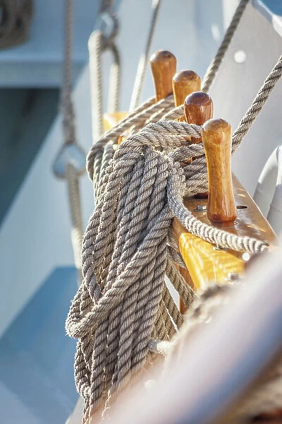 Detail of the ropes on the windjammer in the Bodden harbour of Zingst, Mecklenburg-Western Pomerania, Baltic Sea, North Germany, Germany