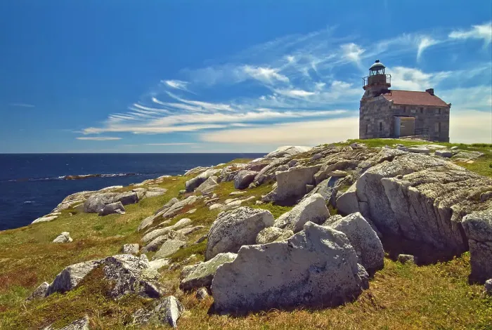 Framed Print : Rose Blanche Lightouse. Rocky shoreline along the Atlantic Coast with old granite lighthouse Rose Blanche Newfoundland Canada