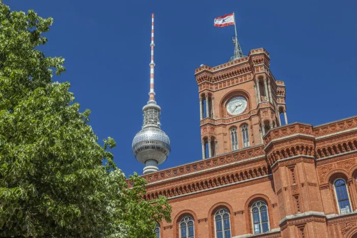 Framed Print : Rotes Rathaus and Television Tower, Berlin, Germany Framed Print : Rotes Rathaus and Television Tower, Berlin, Germany