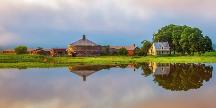 Framed Print : Round barn and farm reflection at sunrise, Bradford, Vermont, USA Framed Print : Round barn and farm reflection at sunrise, Bradford, Vermont, USA