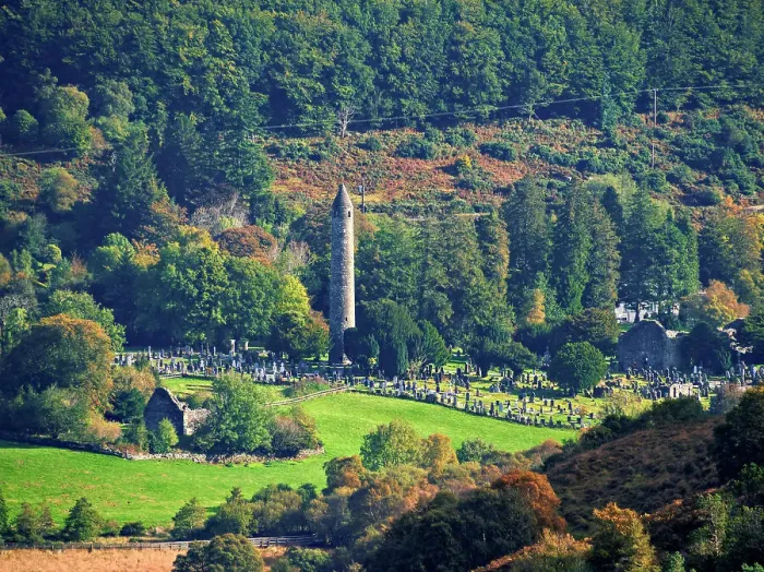 Framed Print : The Round Tower, elevated view, Early Medieval Monastic Settlement, Glendalough, County Wicklow, Ireland Framed Print : The Round Tower, elevated view, Early Medieval Monastic Settlement, Glendalough, County Wicklow, Ireland